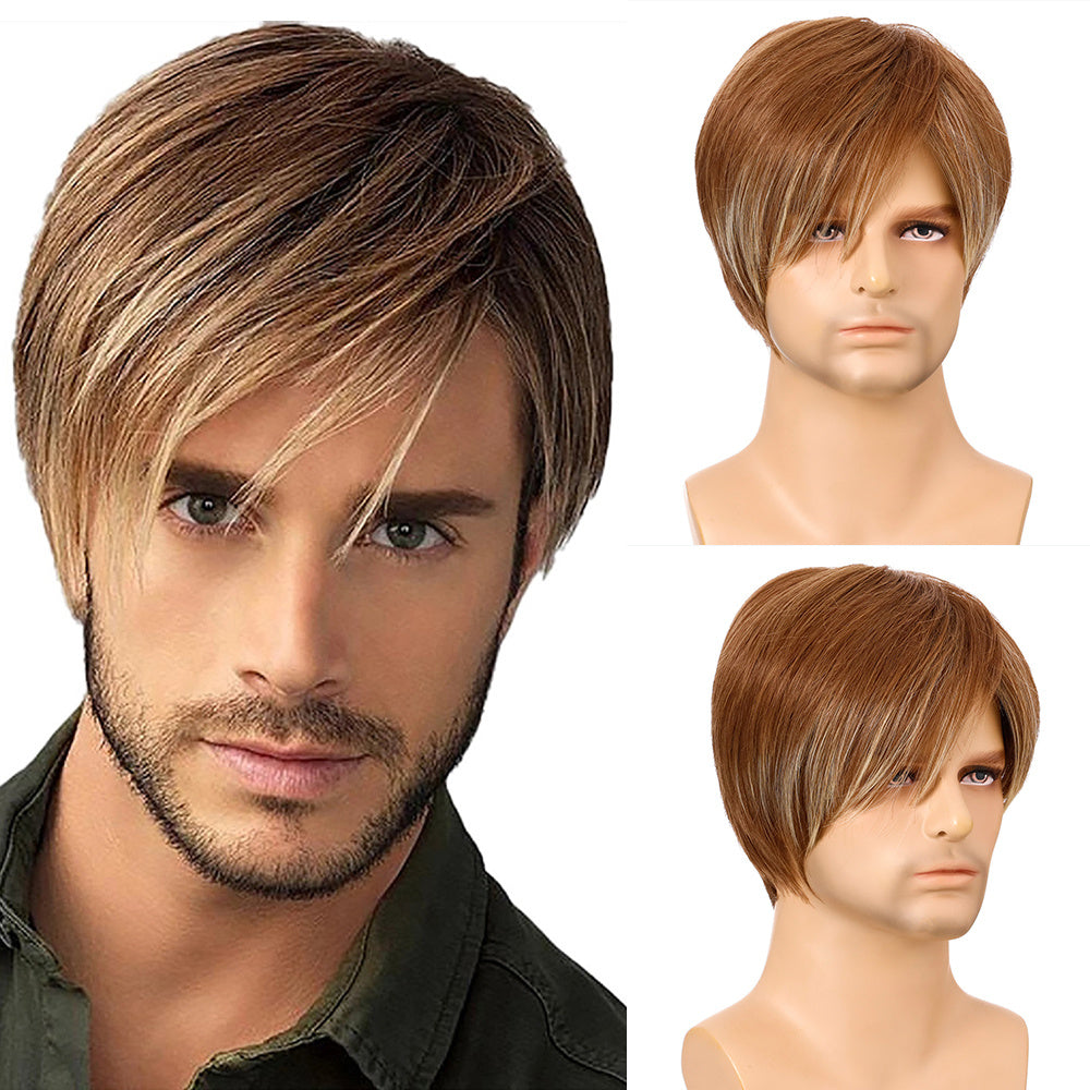 Men's Short Curly Wig with Natural Oblique Bangs for Cosplay and Daily Wear