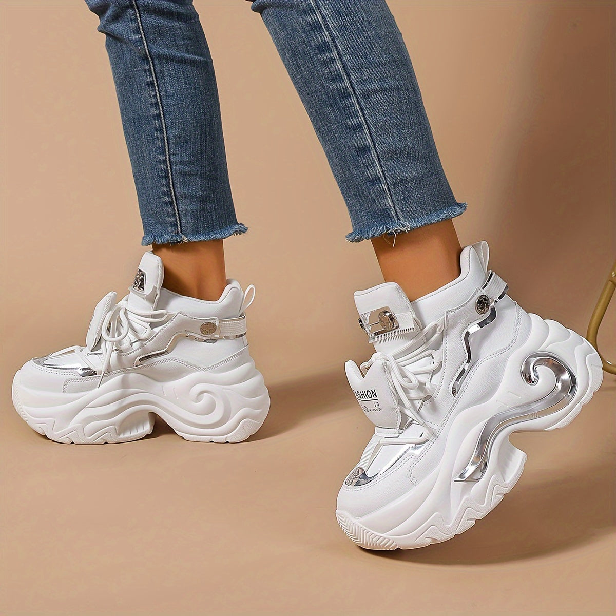 Women's Chunky Platform Sneakers High-Top Lace-Up White Casual Shoes