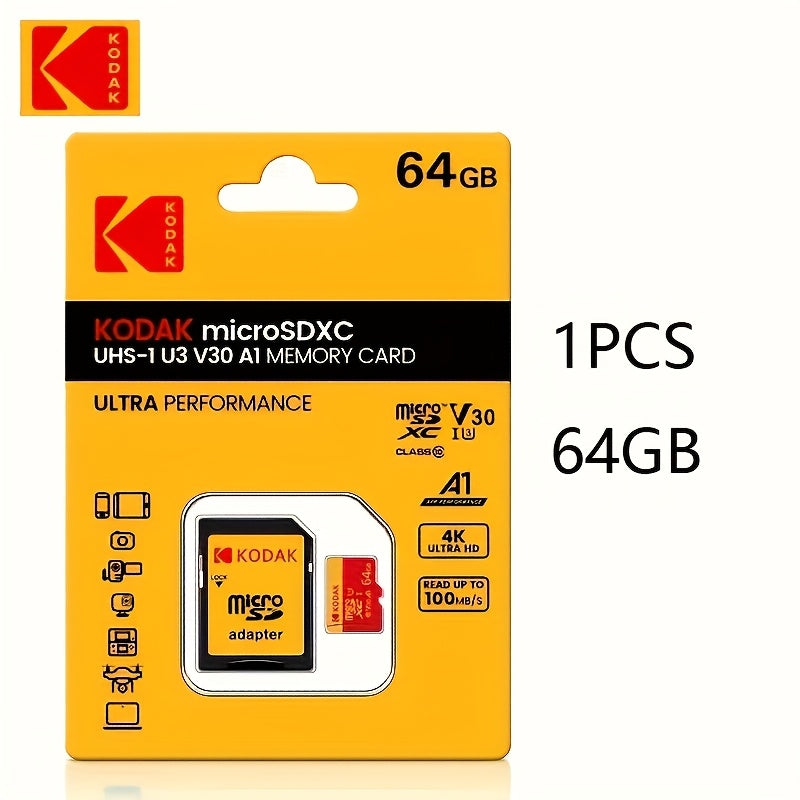 Kodak Micro SD karta TF xotira kartasi adapter bilan, 32GB, 64GB yoki 128GB sig'imda mavjud, C10 A1 TF flesh-karta.