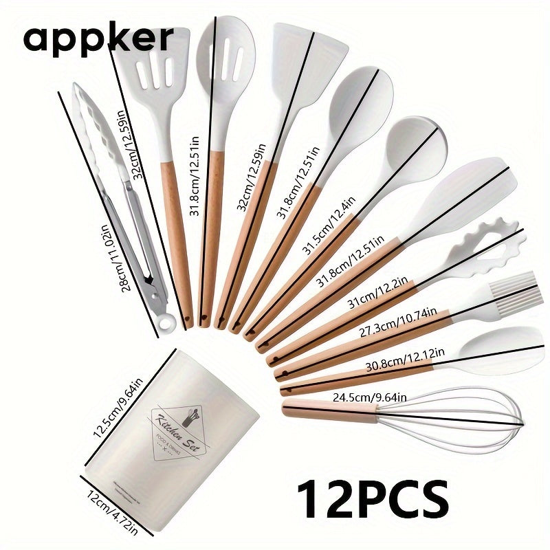 12-Piece Non-Stick Silicone Kitchen Utensil Set with Wooden Handles Heat-Resistant Durable Safe for Cooking and Baking
