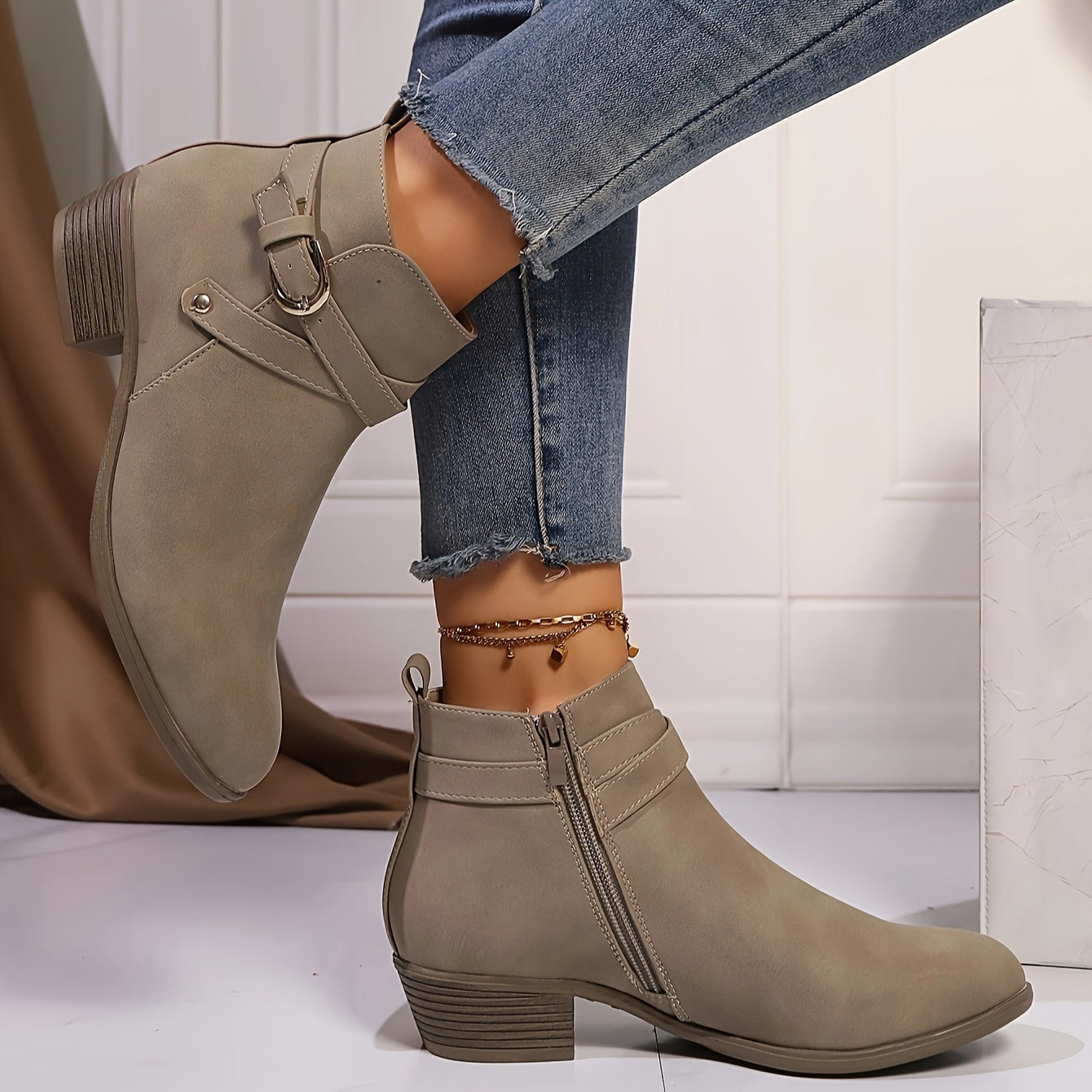 Women's Nude Short Ankle Boots Low Heel Side Zipper
