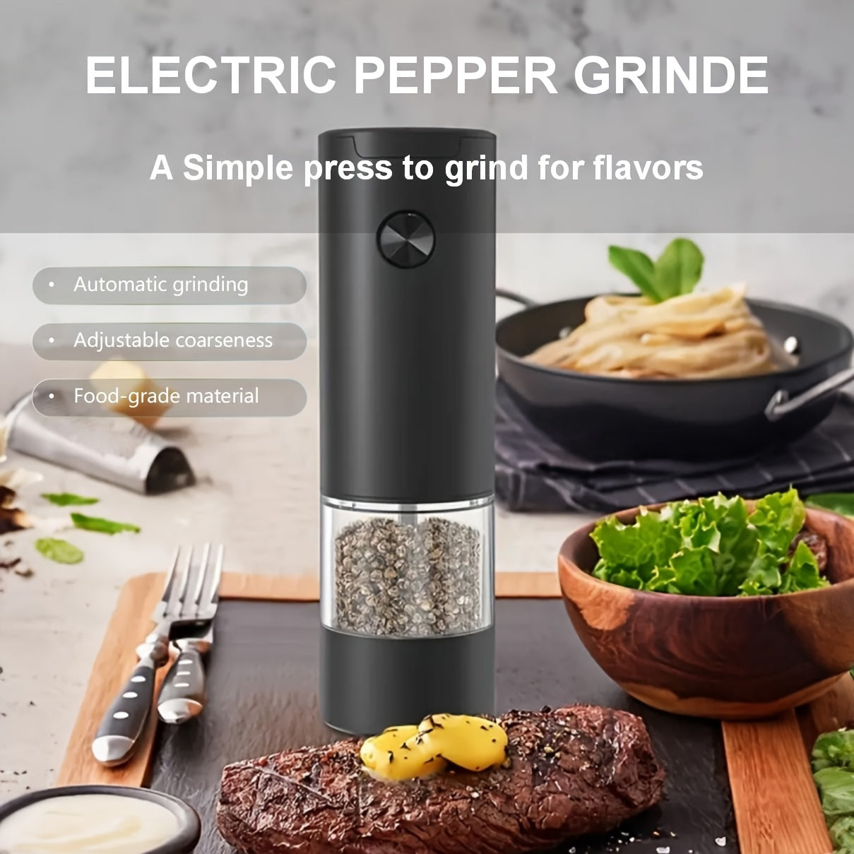 Batareya bilan ishlaydigan ziravorlarni maydalash uchun maydalagich, sozlanadigan qattiqlik, shaffof konteyner, bitta bosish bilan maydalash