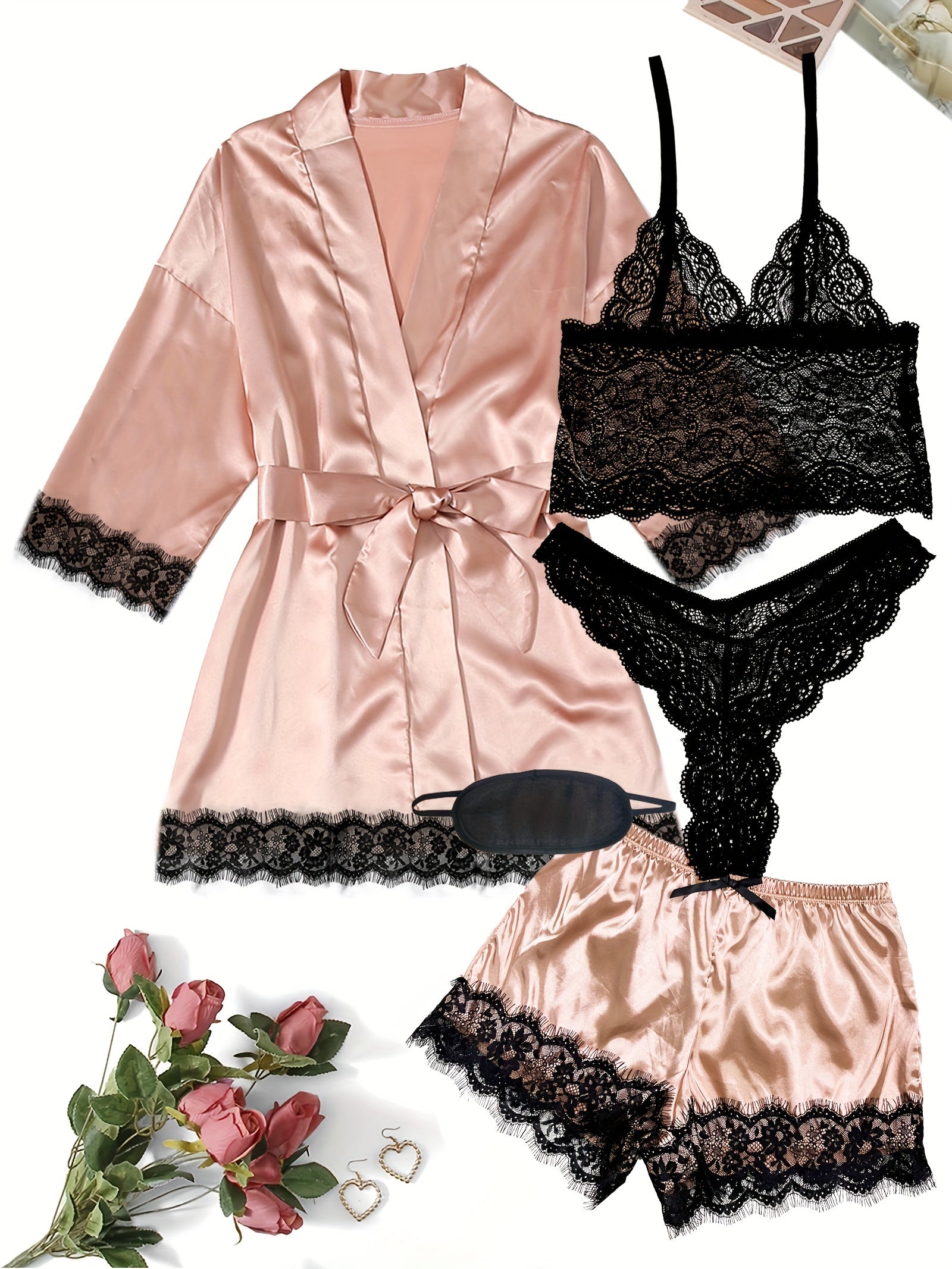 Women's Satin Lounge Set with Lace Robe Cami Bra Thongs and Shorts