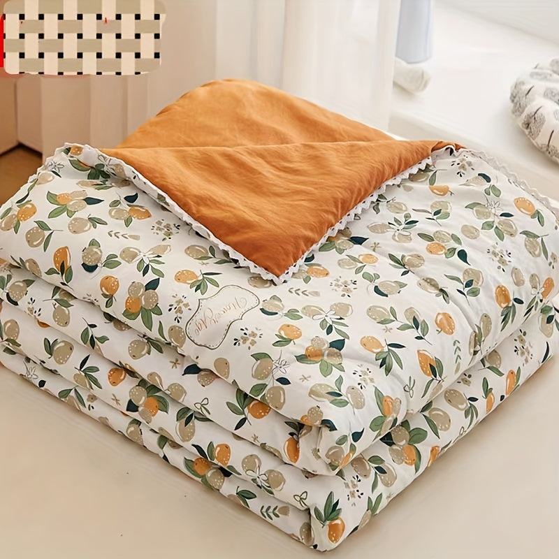 Cherry Pattern Quilted Throw Blanket 100% Polyester Stain Resistant Machine Washable Tassel Summer Cool Living Room Bedroom