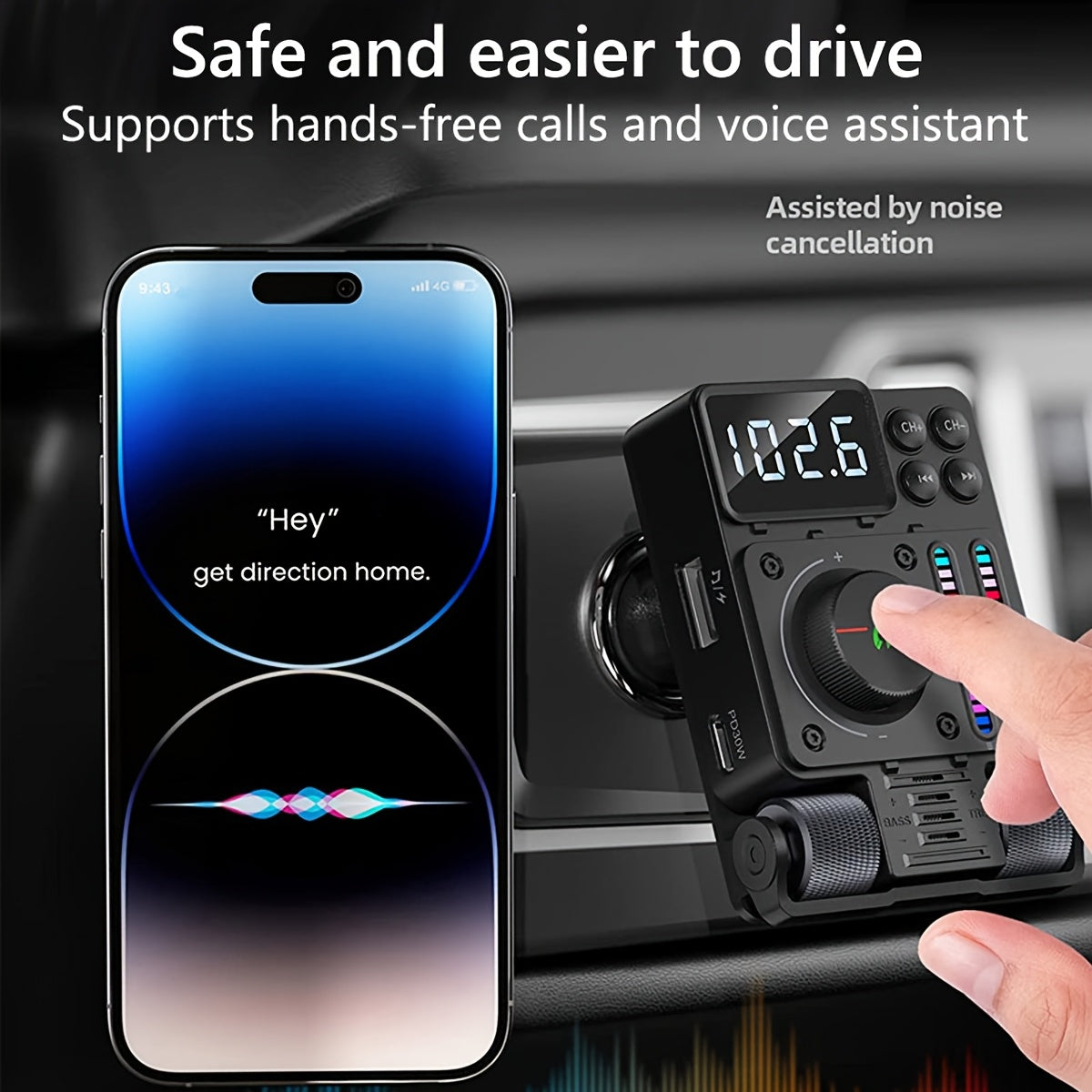 Wireless FM Transmitter for Car, Adjustable Treble and Bass, 30W Fast Charging