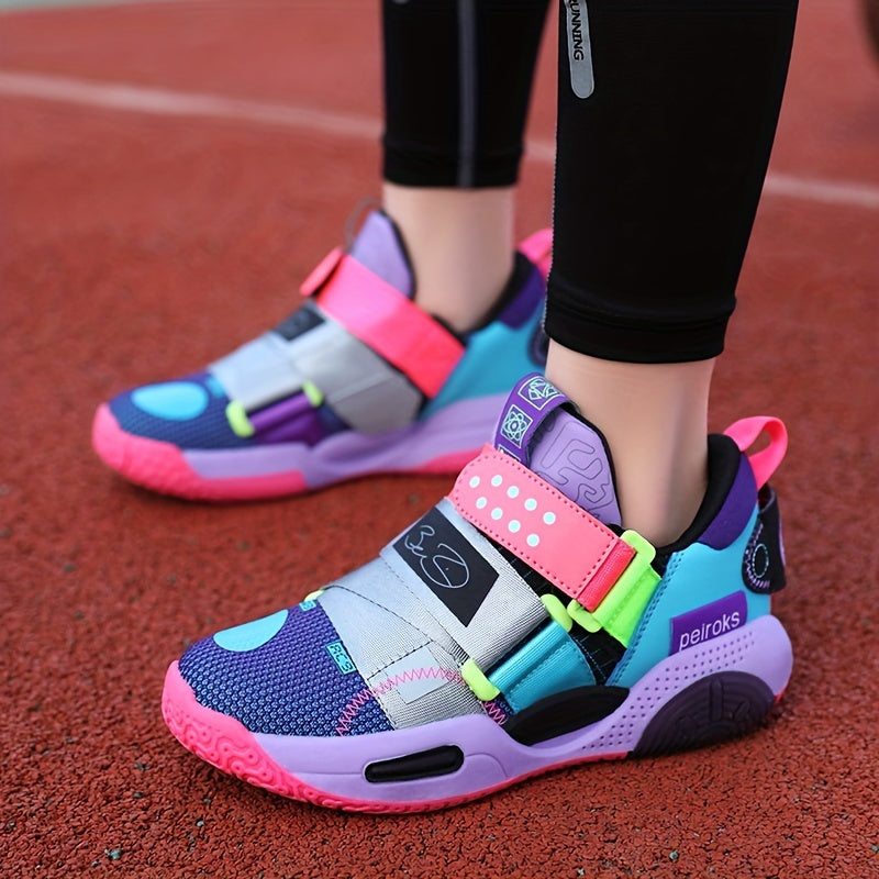 Youth Casual Basketball Sneakers Girls Pink Purple Blue Low Top TPR Sole Elastic Closure