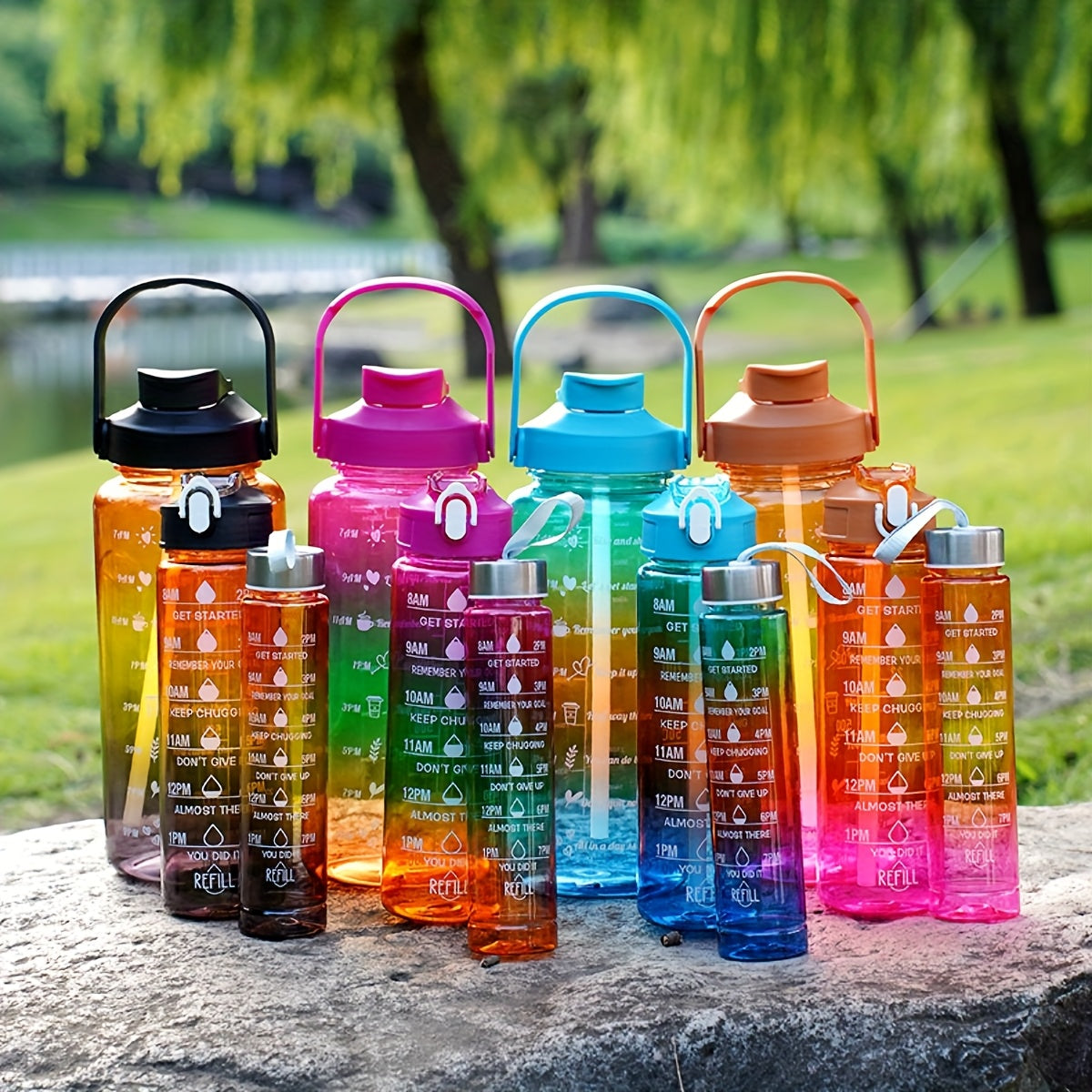 Set of 3 Gradient Water Bottles 2000ml Leakproof for Hiking Camping Fitness