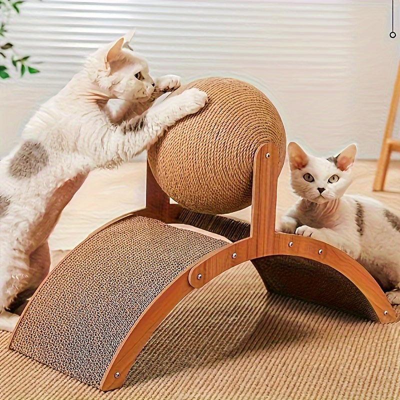 Wooden Cat Scratching Ball Toy with Corrugated Paper Base Durable Claw Grinder