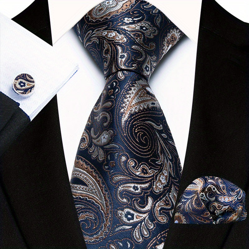 Men's Floral Plaid Necktie and Handkerchief Clip Set for Business and Weddings