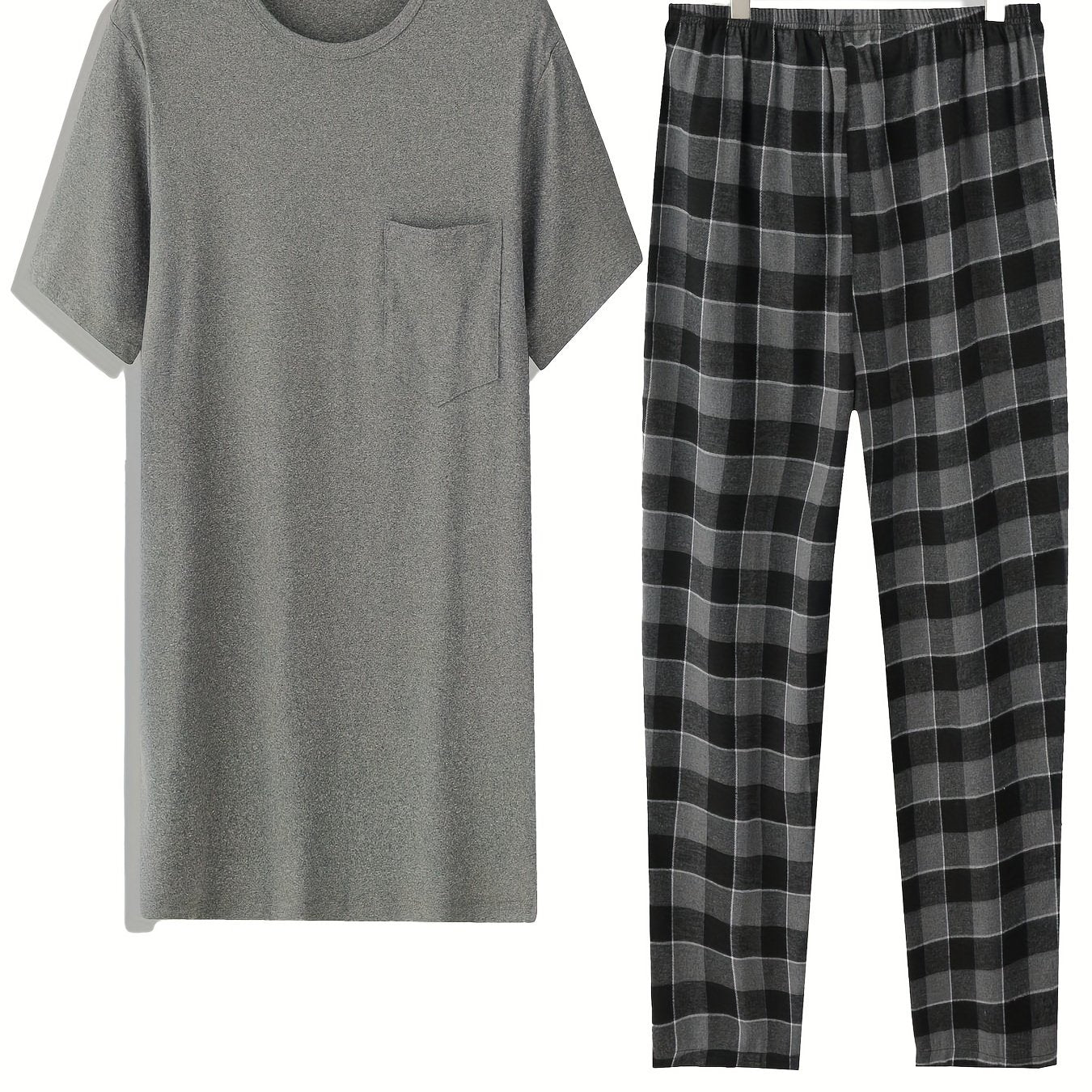 Men's Plus Size Loungewear Set Polyester Crew Neck Short Sleeve T-Shirt and Plaid Pants All-Season