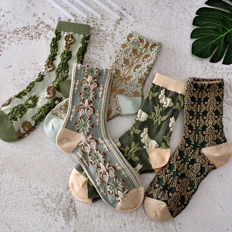 Women's Floral Print Mid Tube Socks 5 Pairs Breathable Comfortable