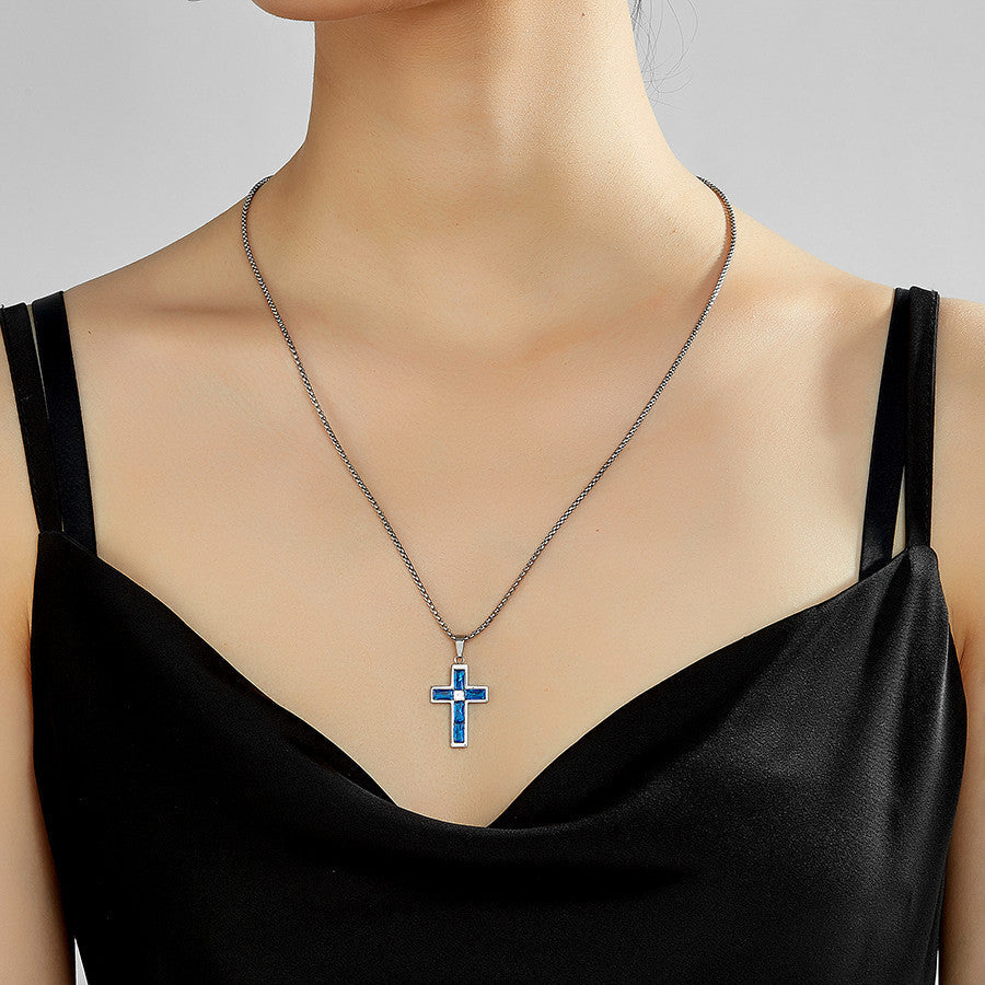 Blue Love Cross Necklace for Men and Women with Glass Pendant Gift