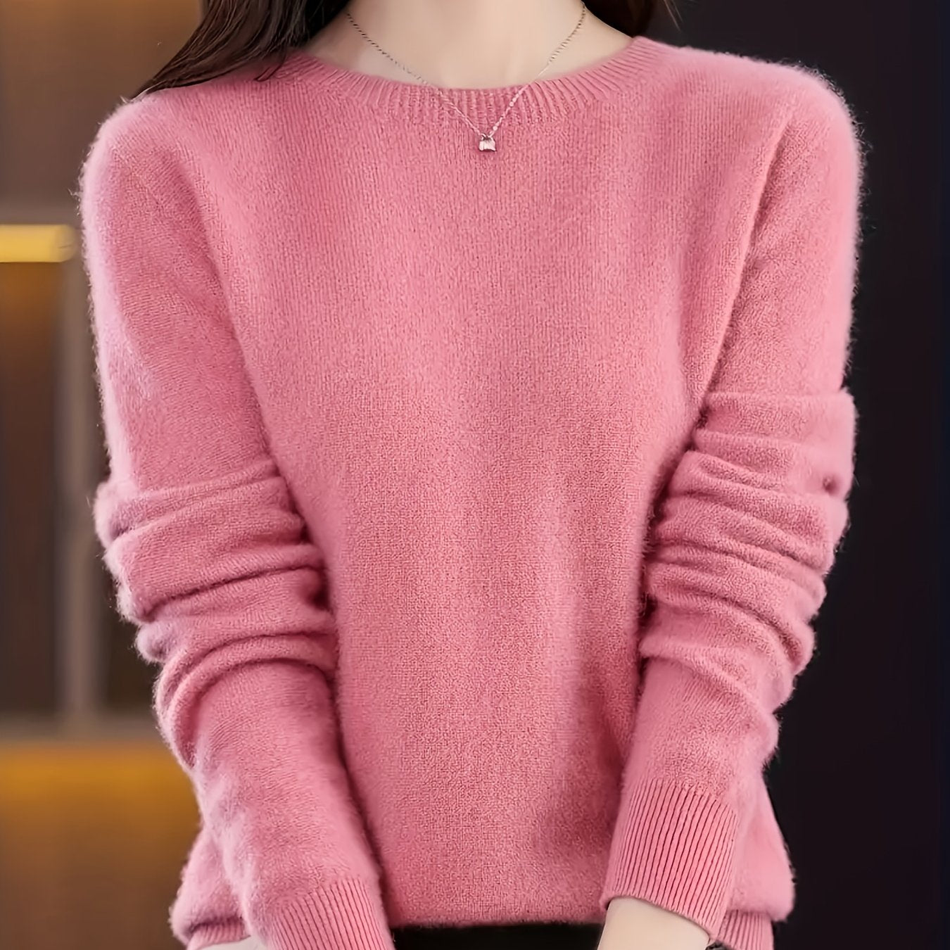 Suéter de lana merina para mujer de cuello redondo y manga larga, de color sólido, para otoño e invierno