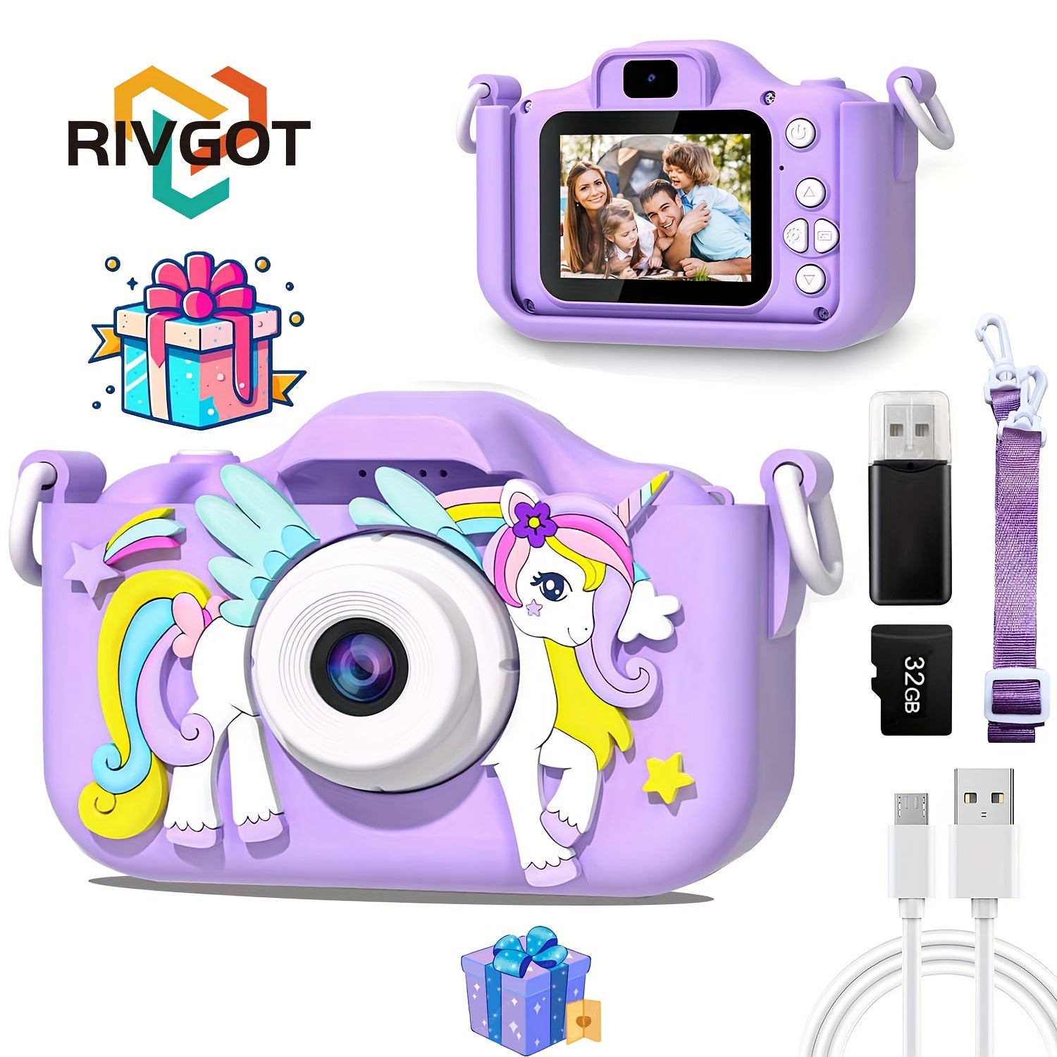 Kids Digital Camera for Boys and Girls Ages 3-12 Rechargeable Silicone Purple Selfie Camera