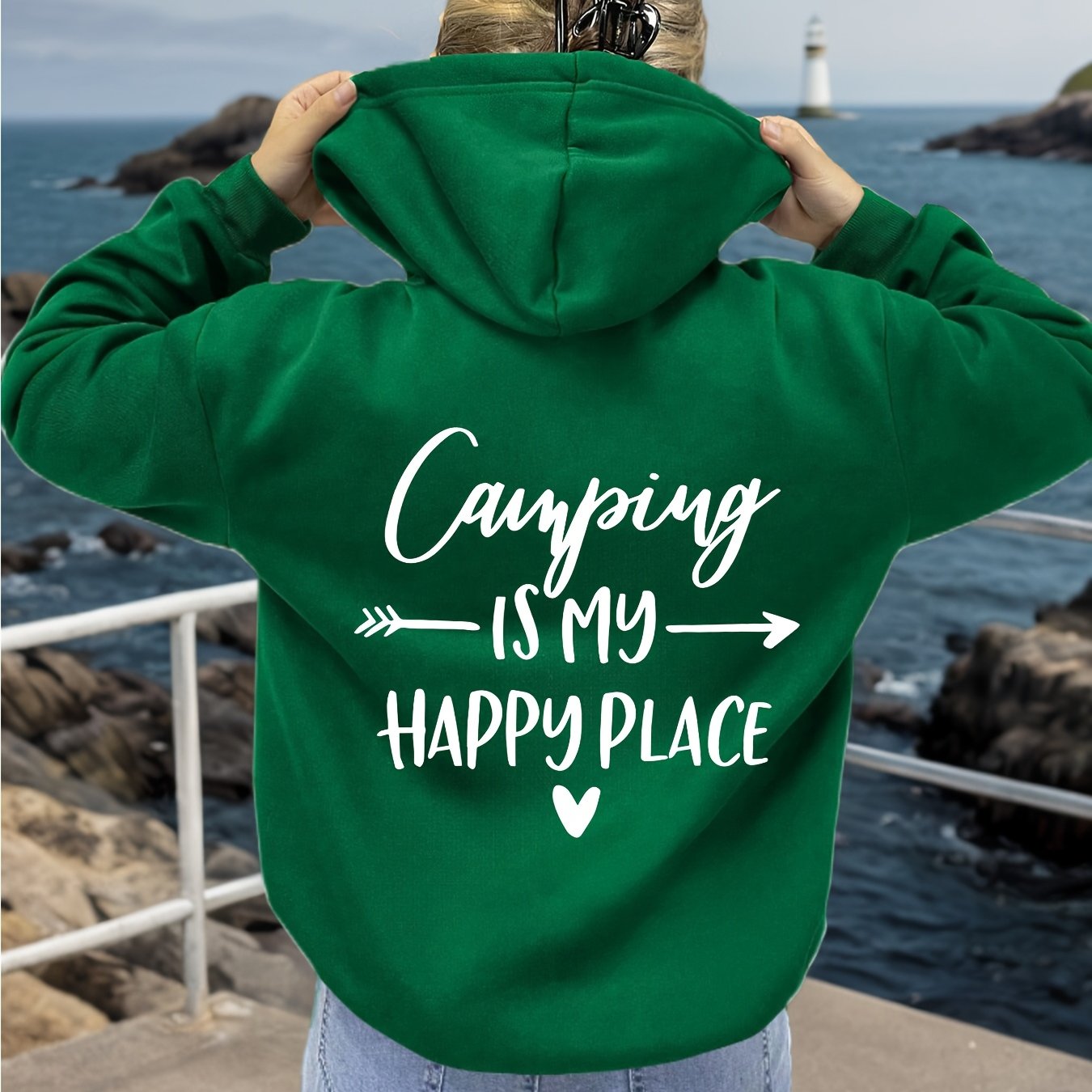Women Plus Size Hoodie Cozy Green Camping Pullover With Drawstring
