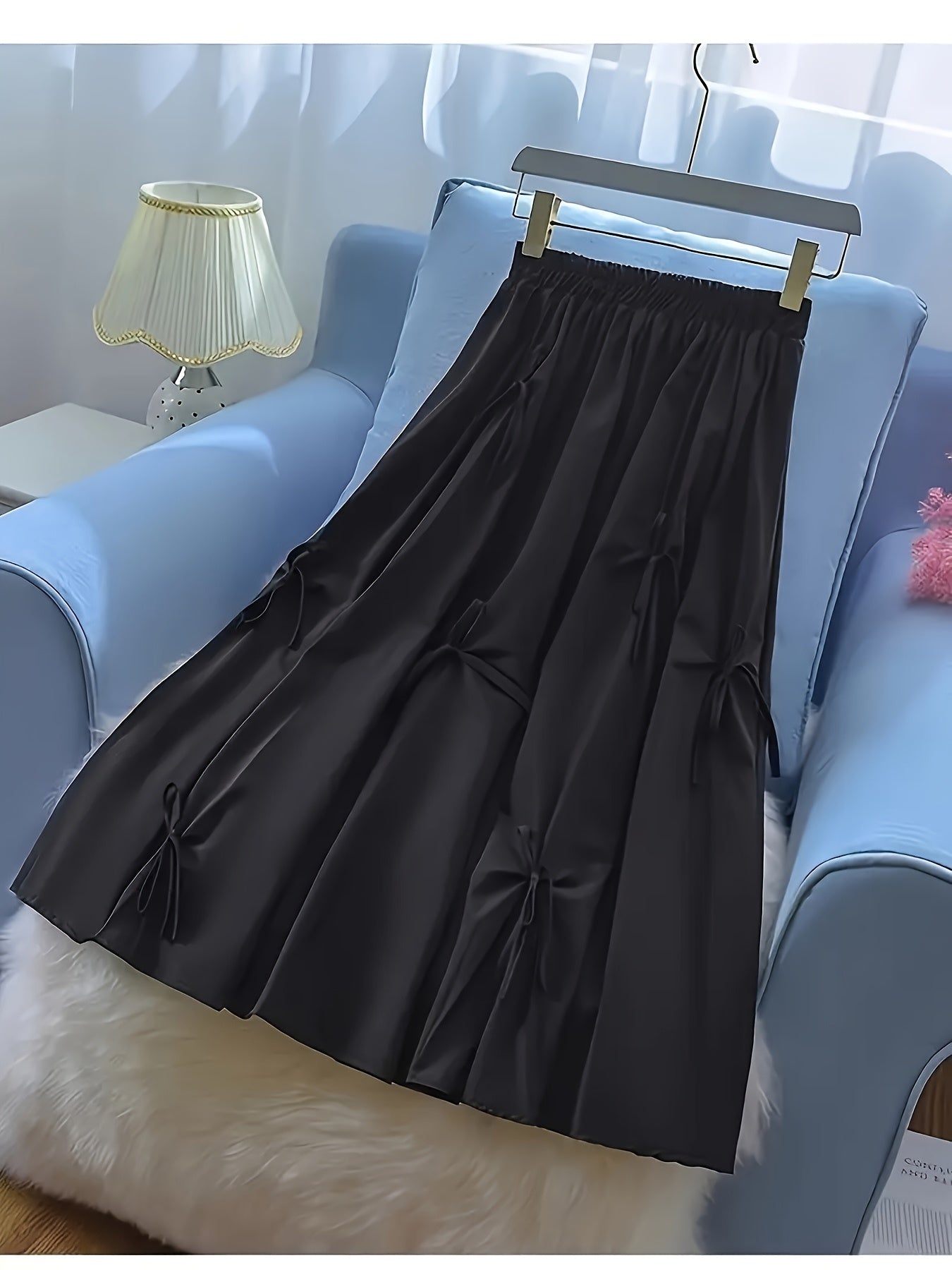 Plus Size Women's Black A-Line Skirt with Front Bow Flared Hem