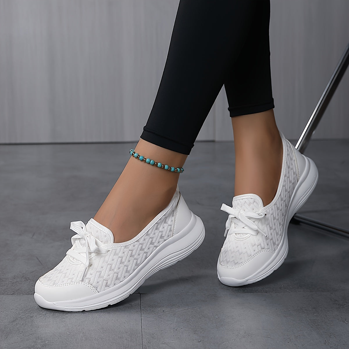Women's Mesh Slip-On Sneakers White Low-Top Casual Shoes Round Toe