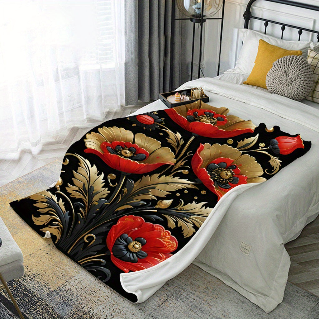 Floral Printed Fleece Throw Blanket for Living Room Bedroom Sofa All-Season Durable Polyester