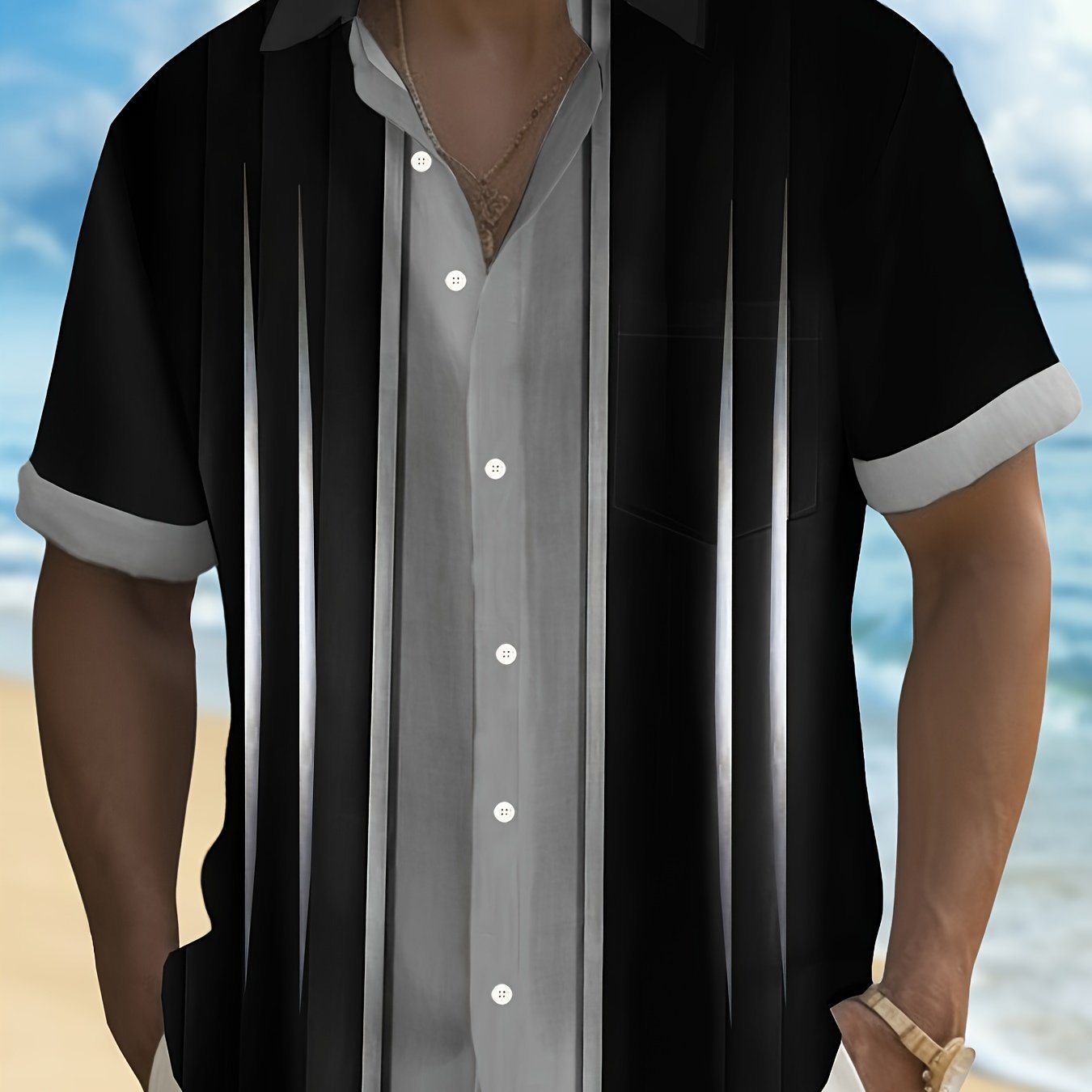 Men's Retro Bowling Shirt with Aurora Gradient Short Sleeves Button Pocket Summer Casual