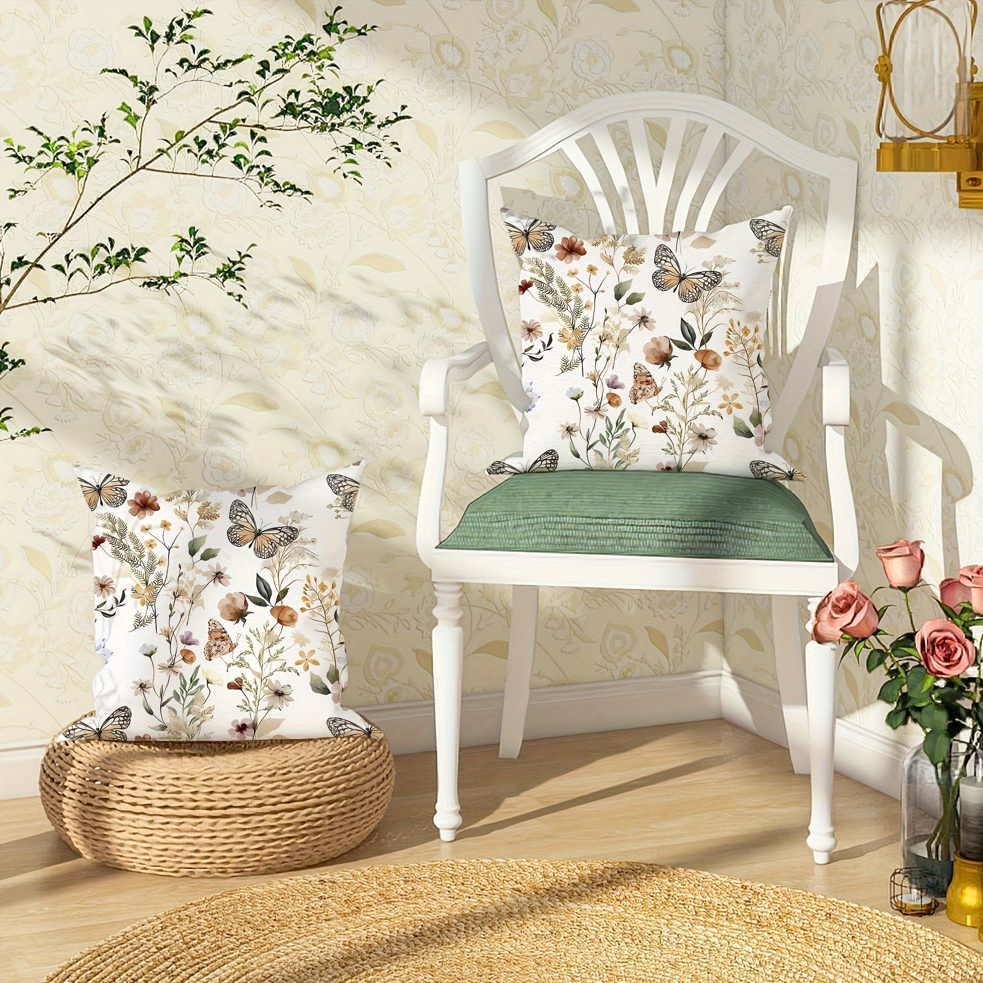Velvet Decorative Pillow Covers Set 45.72cm Floral Butterfly White for Living Room Bedroom
