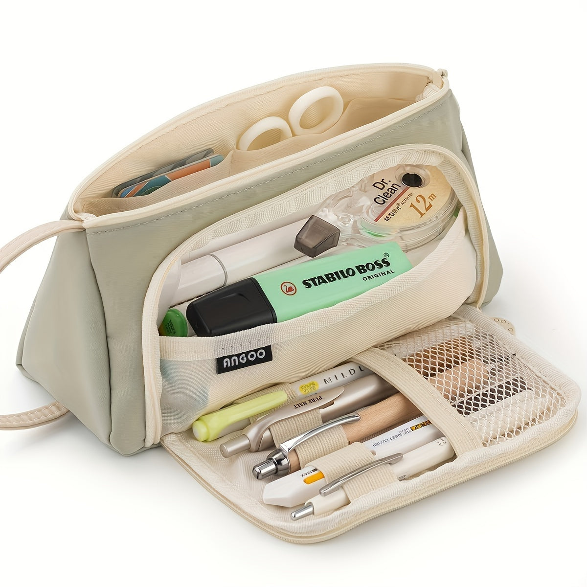 Girls Pink and White Checkered Three-Layer Pencil Case Made of Durable Twill Fabric