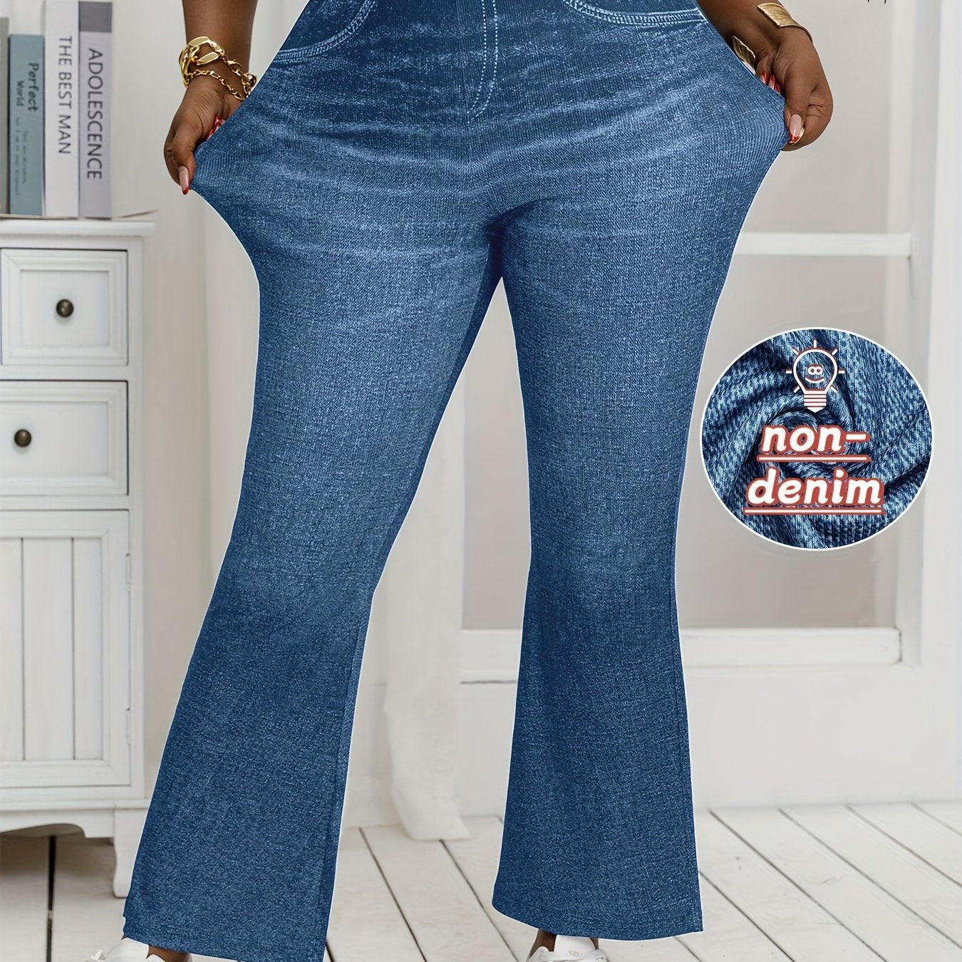 Plus Size Women's Stretchy Denim Flared Pants Wide-Leg Bell Bottoms Casual Trousers