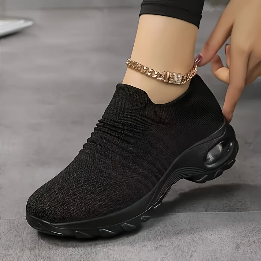 Women's Knit Slip-On Sneakers with Air Cushion Sole Black Casual Wear
