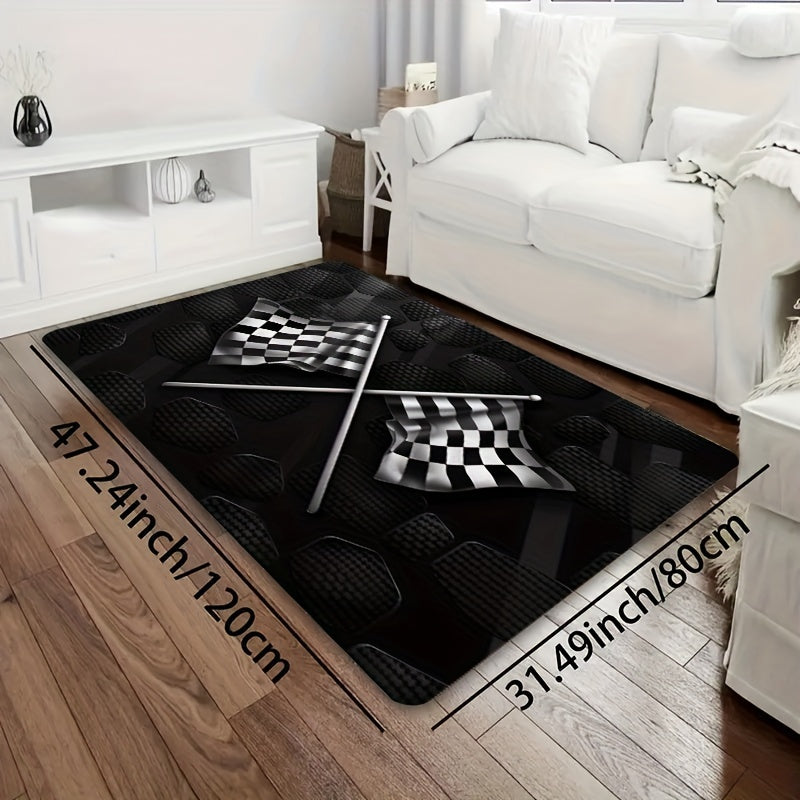 Yuqori sifatli flanel maydon gilami, klassik qora va oq tekis bayroq naqshiga ega, yuvish mashinasida tozalash oson, har qanday yashash xonasi, yotoqxona yoki oshxona makoniga zamonaviy uslub qo'shish uchun ideal.