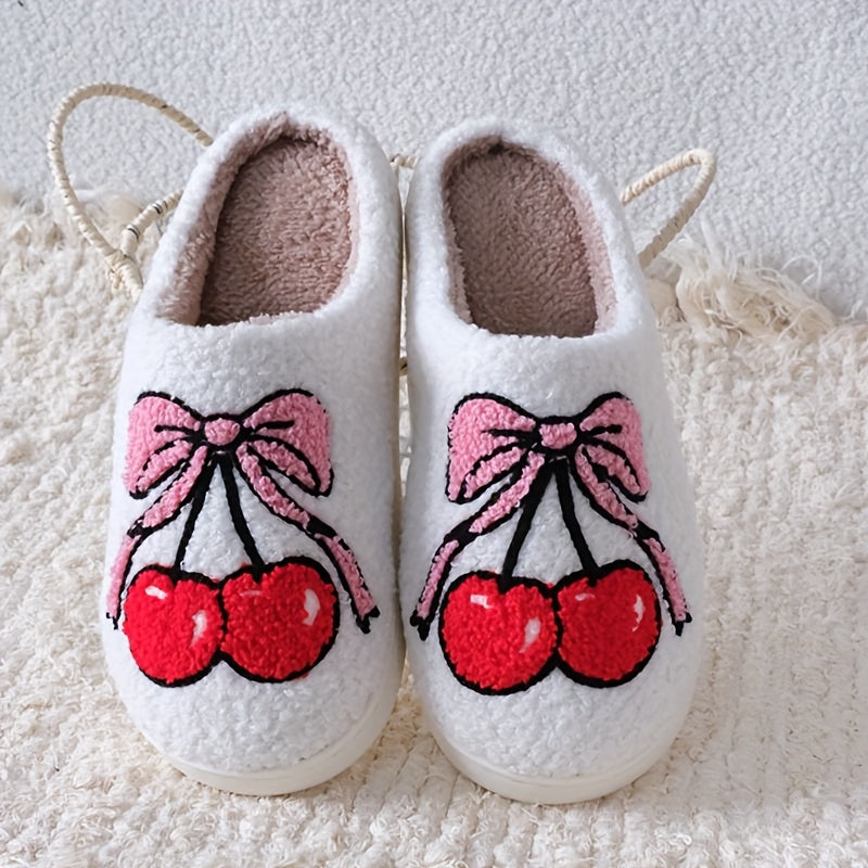 Unisex Plush Fluffy Slippers With Cherry Bowknot Pattern Indoor Fuzzy Shoes