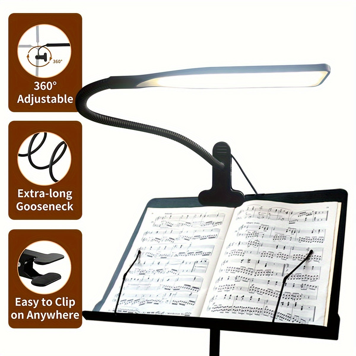 LED Music Stand Light Clip-On Eye-Friendly Blue Light Blocking USB Powered Adjustable Dimmable