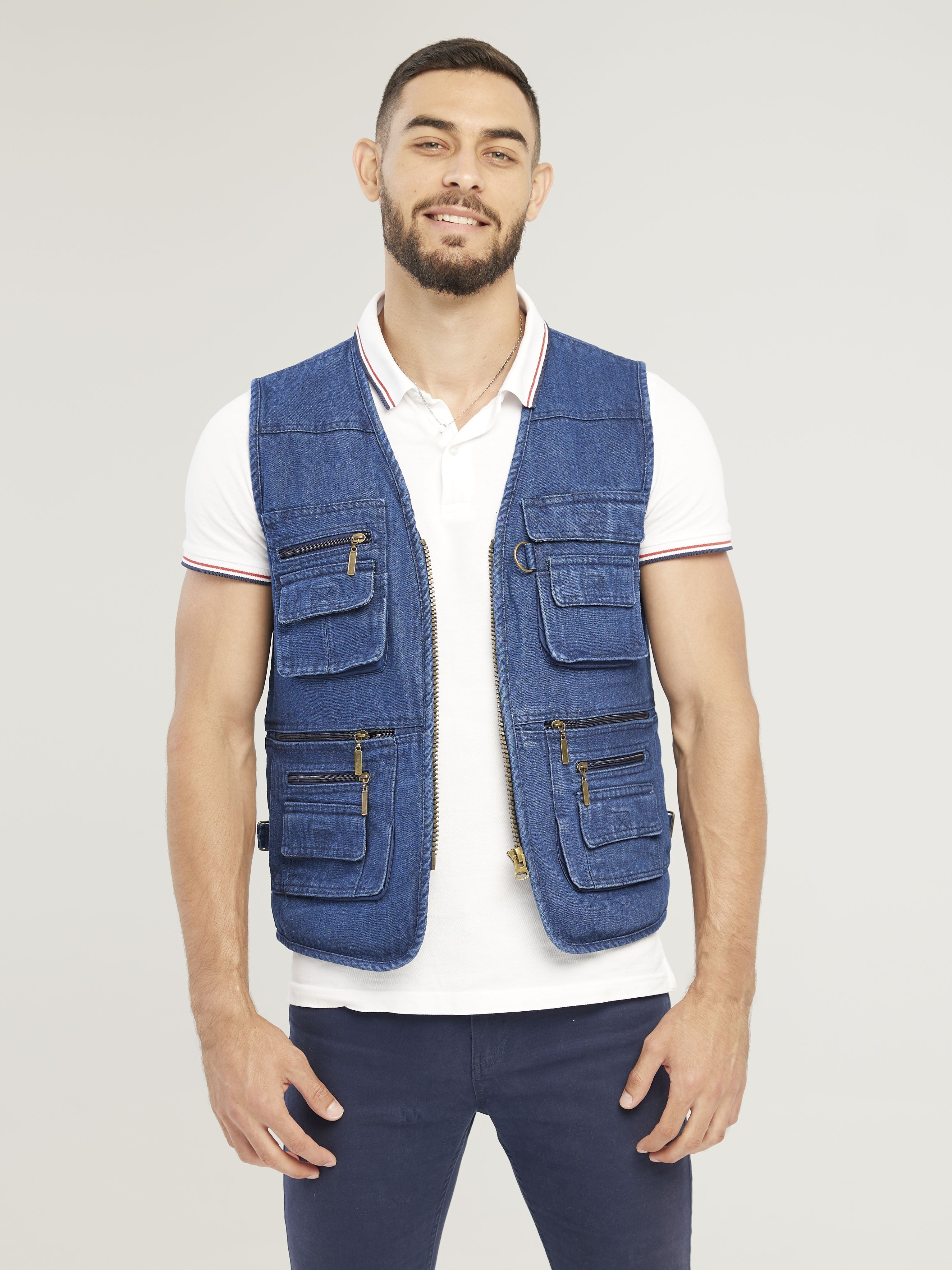 Men's Cotton Cargo Vest with Zipper Pockets for Outdoor Activities