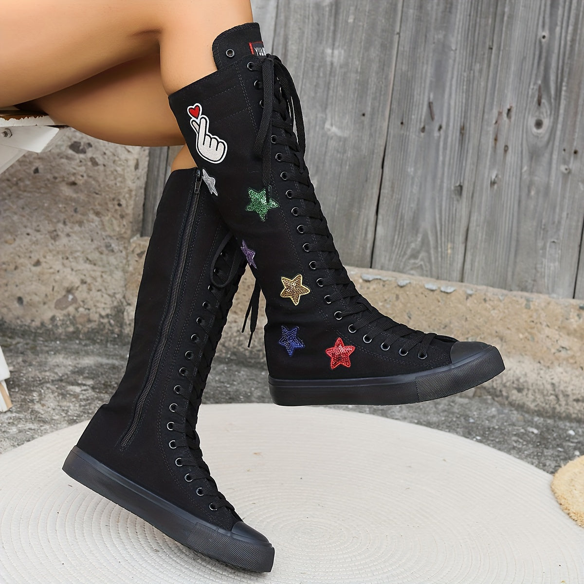Women’s Canvas High-Top Boots with Zipper, Black, All-Season Comfort