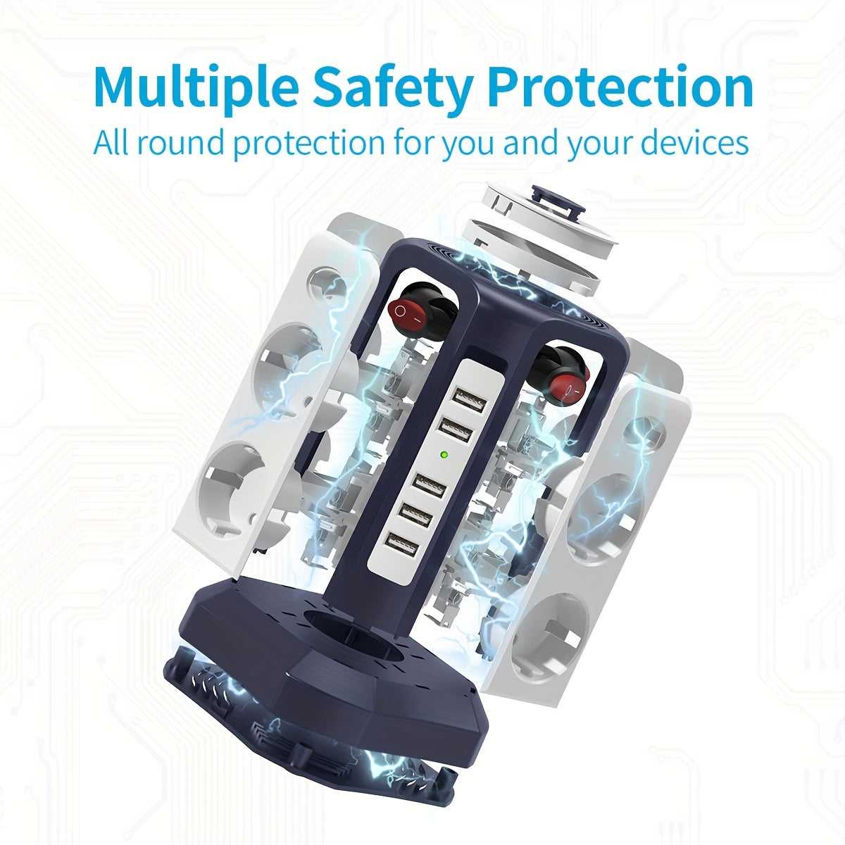 13-в-1 удлинитель с 5 USB-портами, 8 розетками AC, ночником, кабелем длиной 3 м