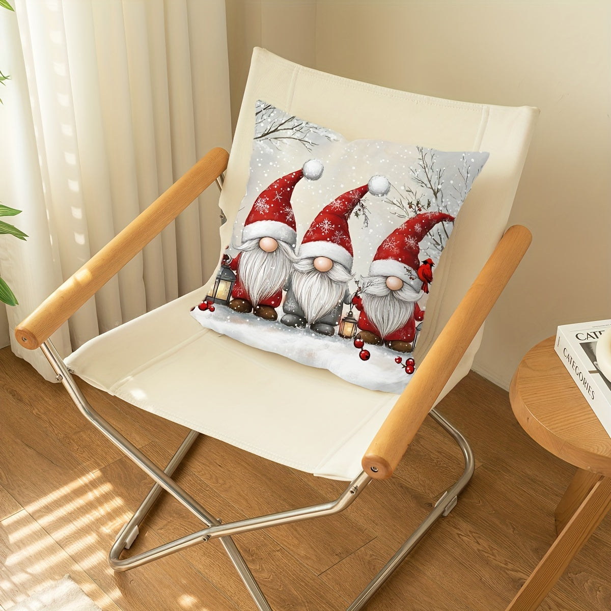 Christmas Gnome Pillowcase Soft Polyester 44.96cm x 44.96cm Snowy Landscape Red Berries Decor