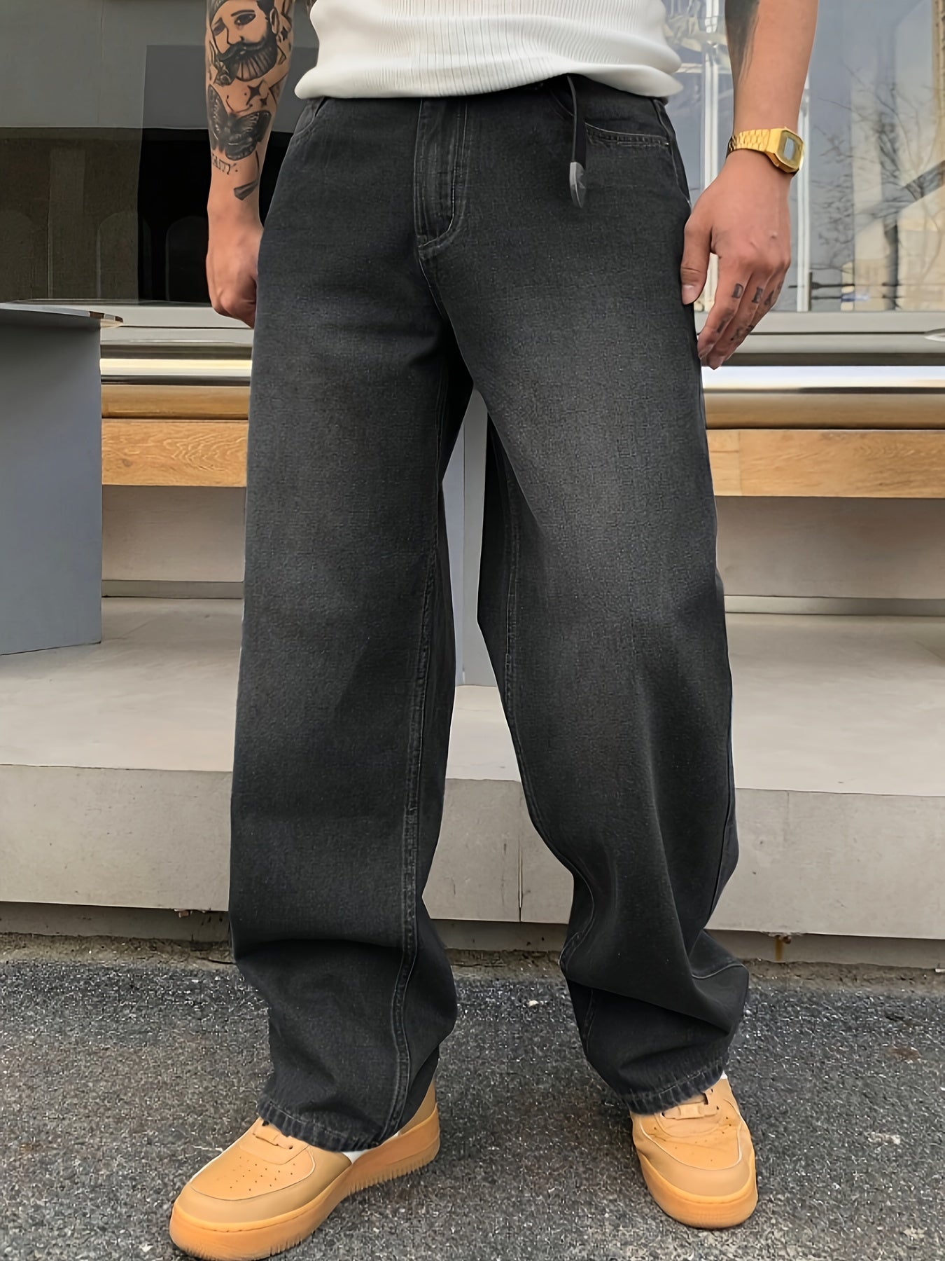 Мужские темно-серые джинсы из денима, классическая посадка, повседневные, тканые из хлопка и полиэстера, осень-зима