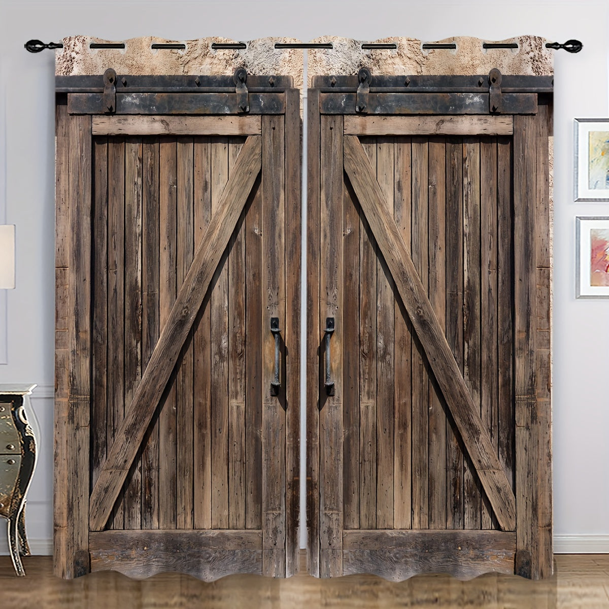 Set of 2 Rustic Wooden Door Design Curtains for Bathroom Living Room Bedroom Window Treatments