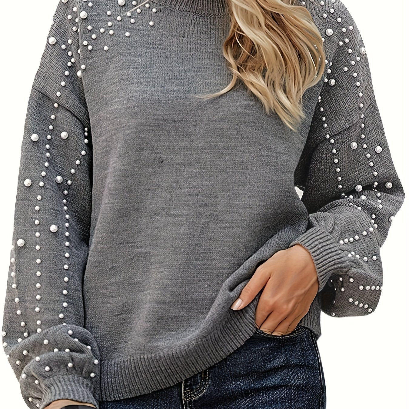 Plus Size Women's Knitted Sweater with Faux Pearl Decor Long Sleeve Pullover