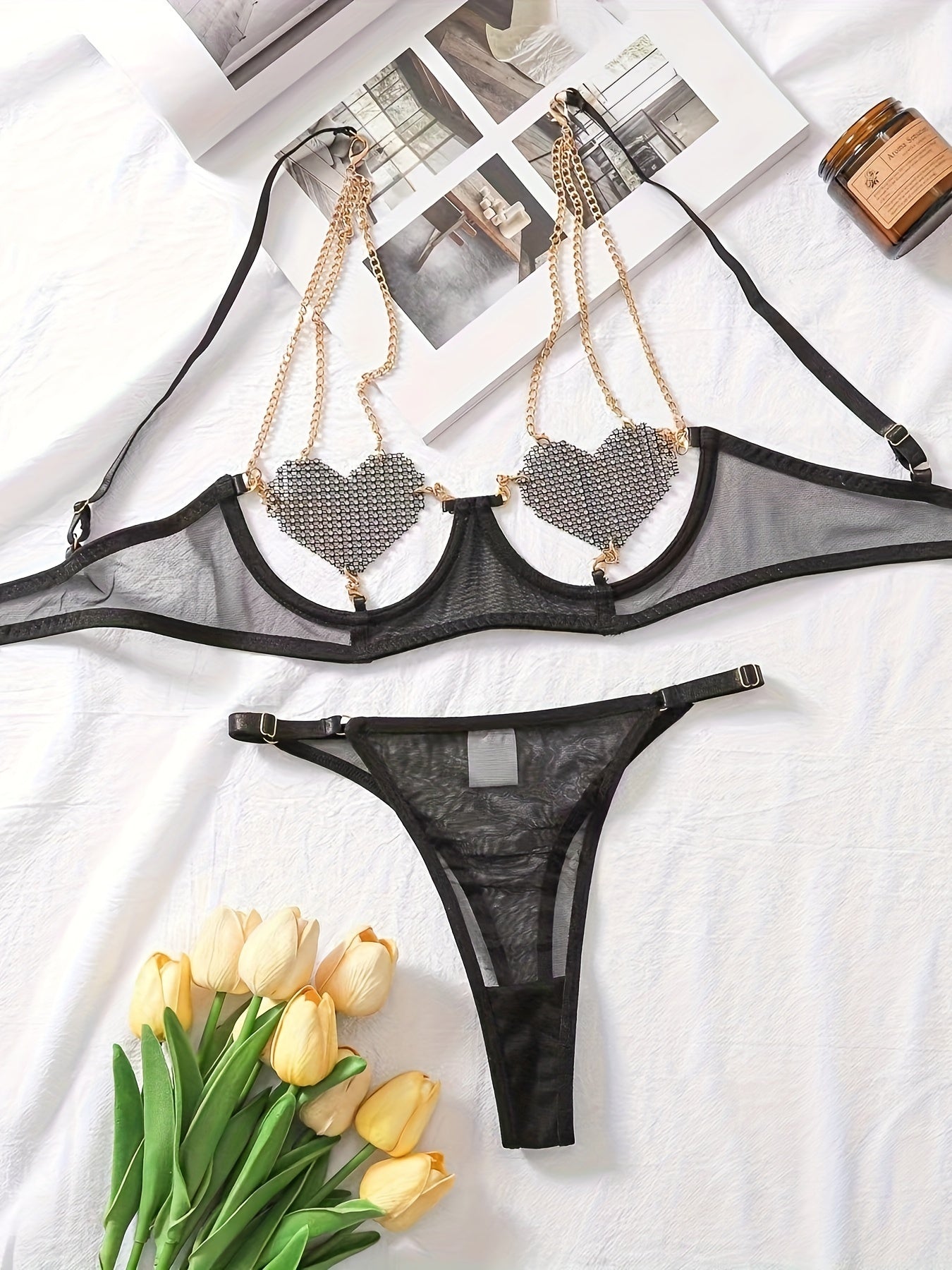 Women's Lace Seductive Lingerie Set with Adjustable Straps and Floral Design