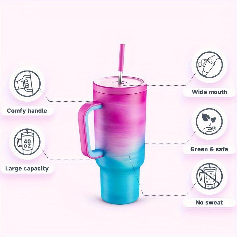 Vaso aislado de acero inoxidable de 40 oz con tapa, pajilla, asa y a prueba de fugas