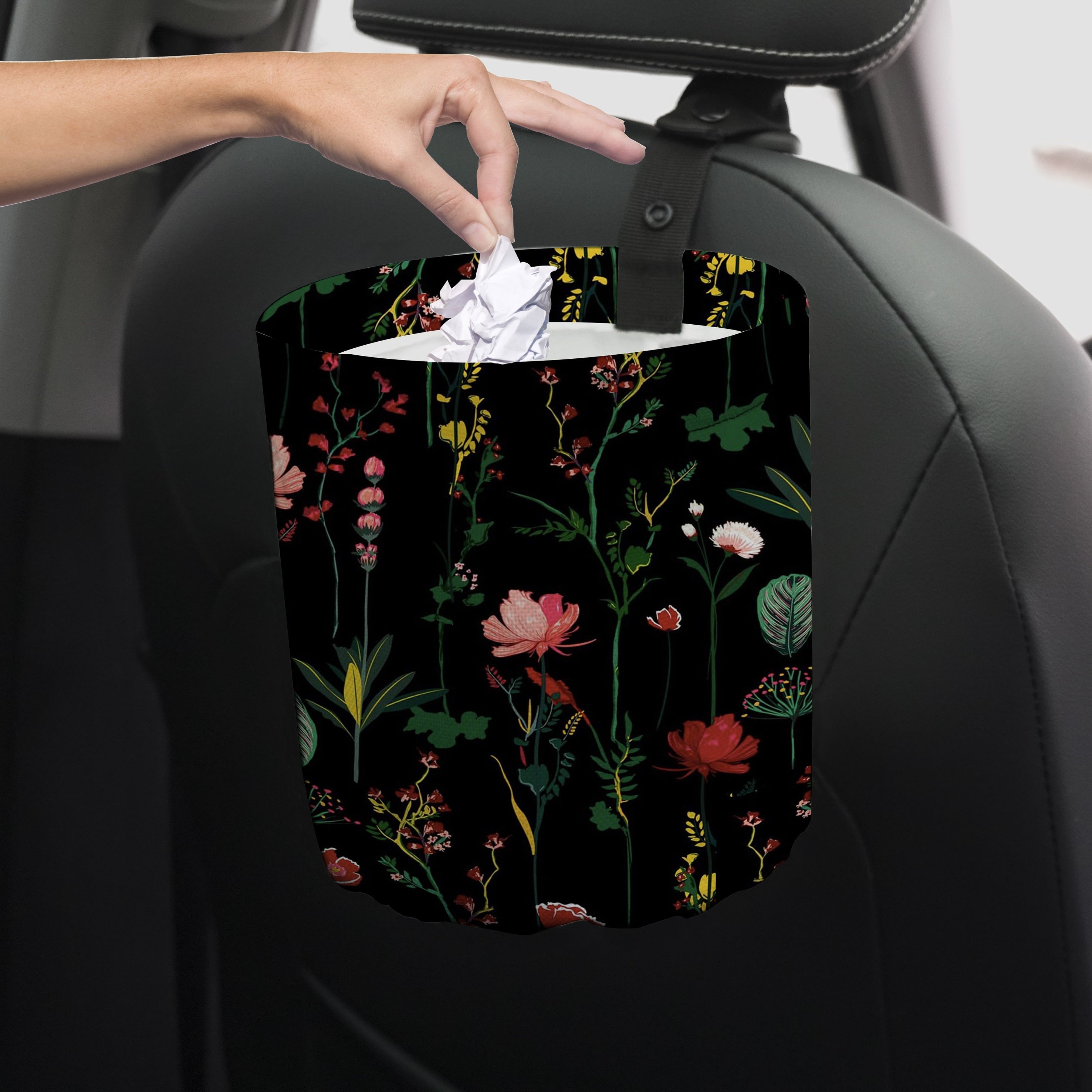 Floral Oil Painting Collapsible Car Trash Can Reusable Auto Organizer