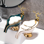 Ceramic Leaf-Shaped Soap Dish with Self-Draining for Bathroom Sink Storage