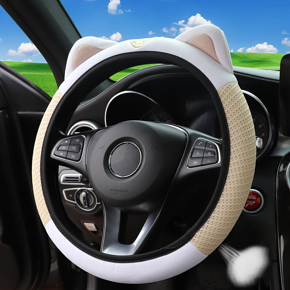 Cute Pink White Cat Steering Wheel Cover Breathable Mesh Stretchable Car Accessory