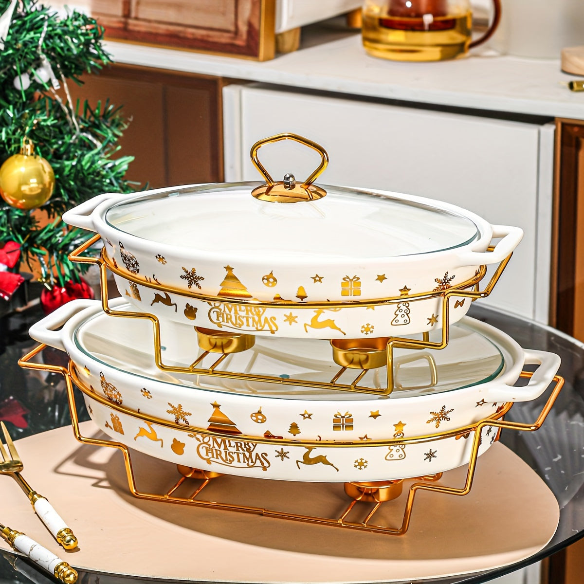 Керамическая рождественская кастрюля с крышкой и железной подставкой - Идеально подходит для приготовления супов, рагу и запеканок на кухне