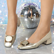 Ayollar uchun kvadrat barmoqli yuqori poyafzal, oltin tokchali rhinestones bilan, partiyalar va to'ylar uchun