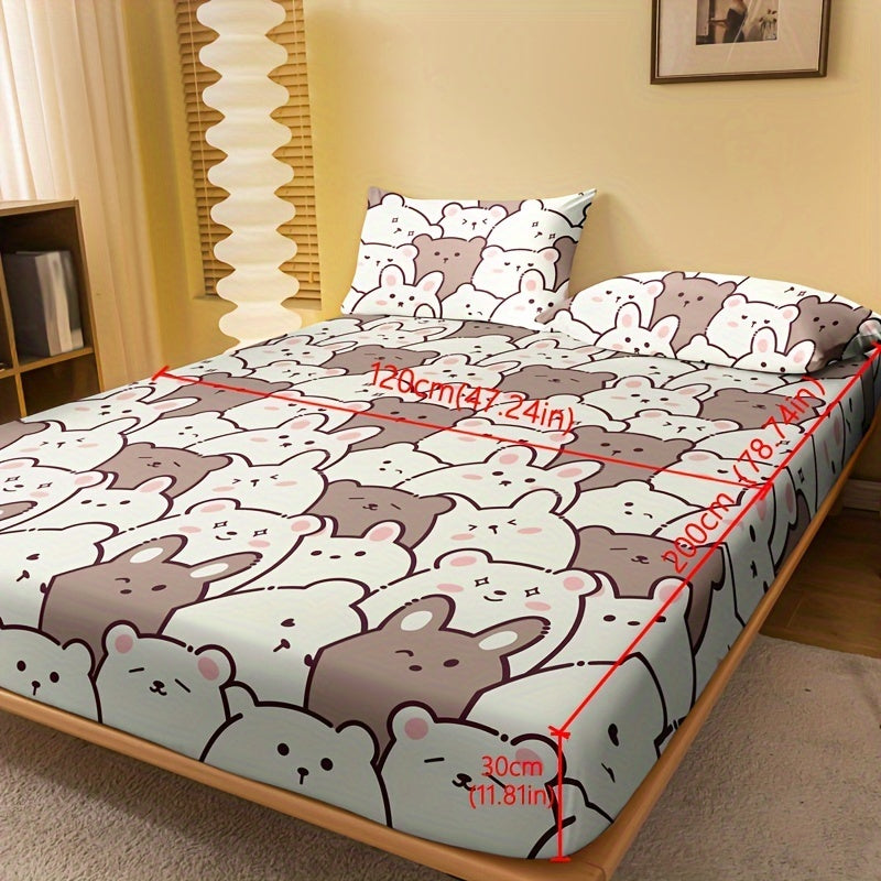 Cartoon Bear Print Fitted Sheet Soft Comfortable Mattress Protector Deep Pocket Bed Sheet