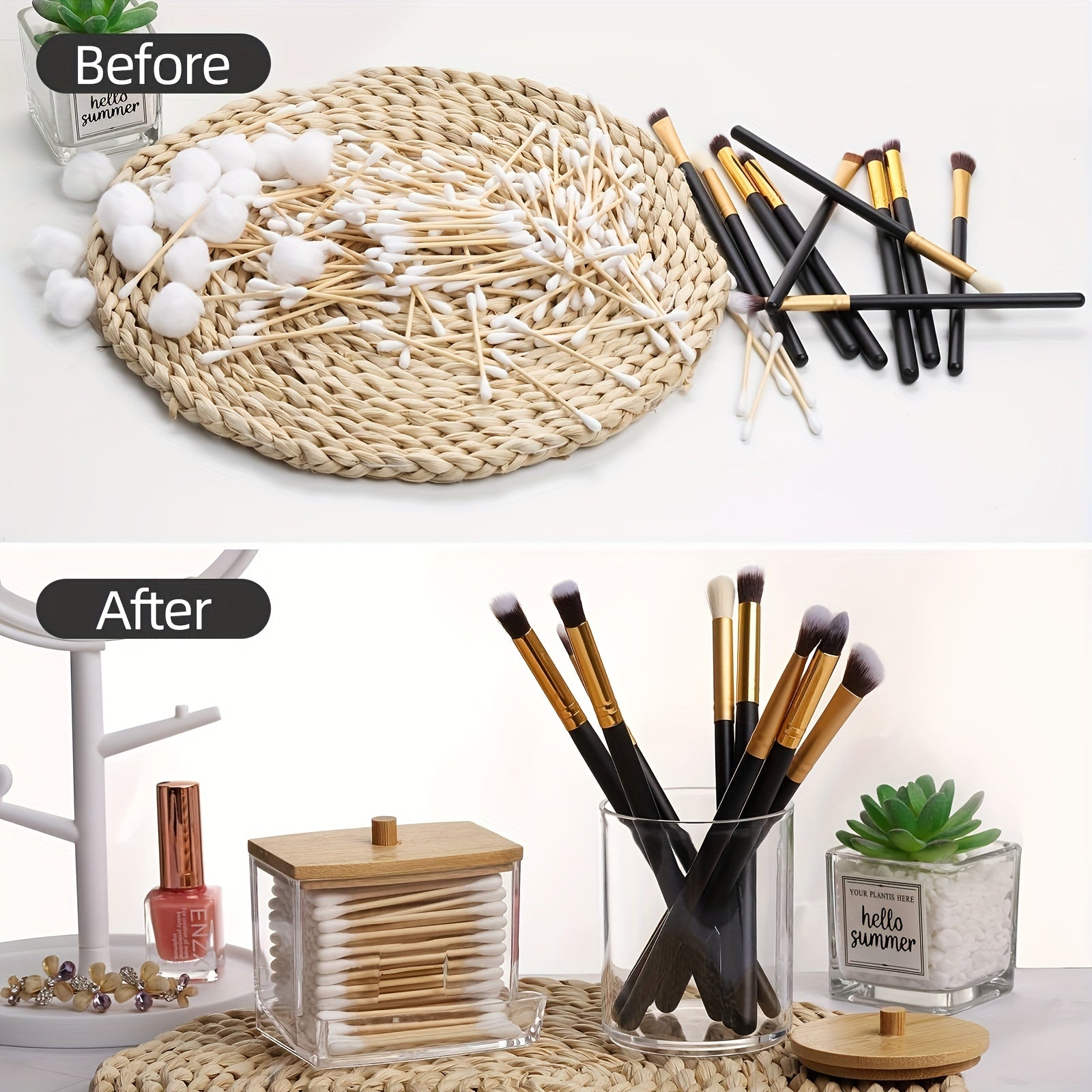 Hojatxona uchun saqlash tashkilotchisi to'plami, 3 ta Qtip dozatorlari va 7/10 oz shaffof plastmassa dori bankasi bilan