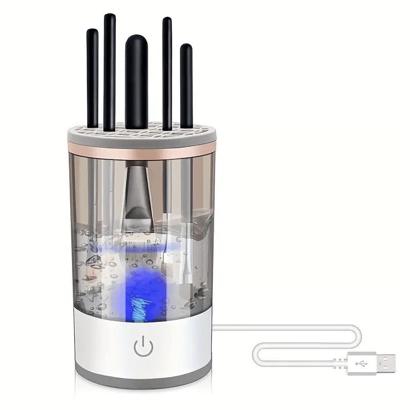 USB-Powered Makeup Brush Cleaner Dryer with Drying Rack Transparent Design Metal Accents Alcohol-Free Portable Durable Plastic