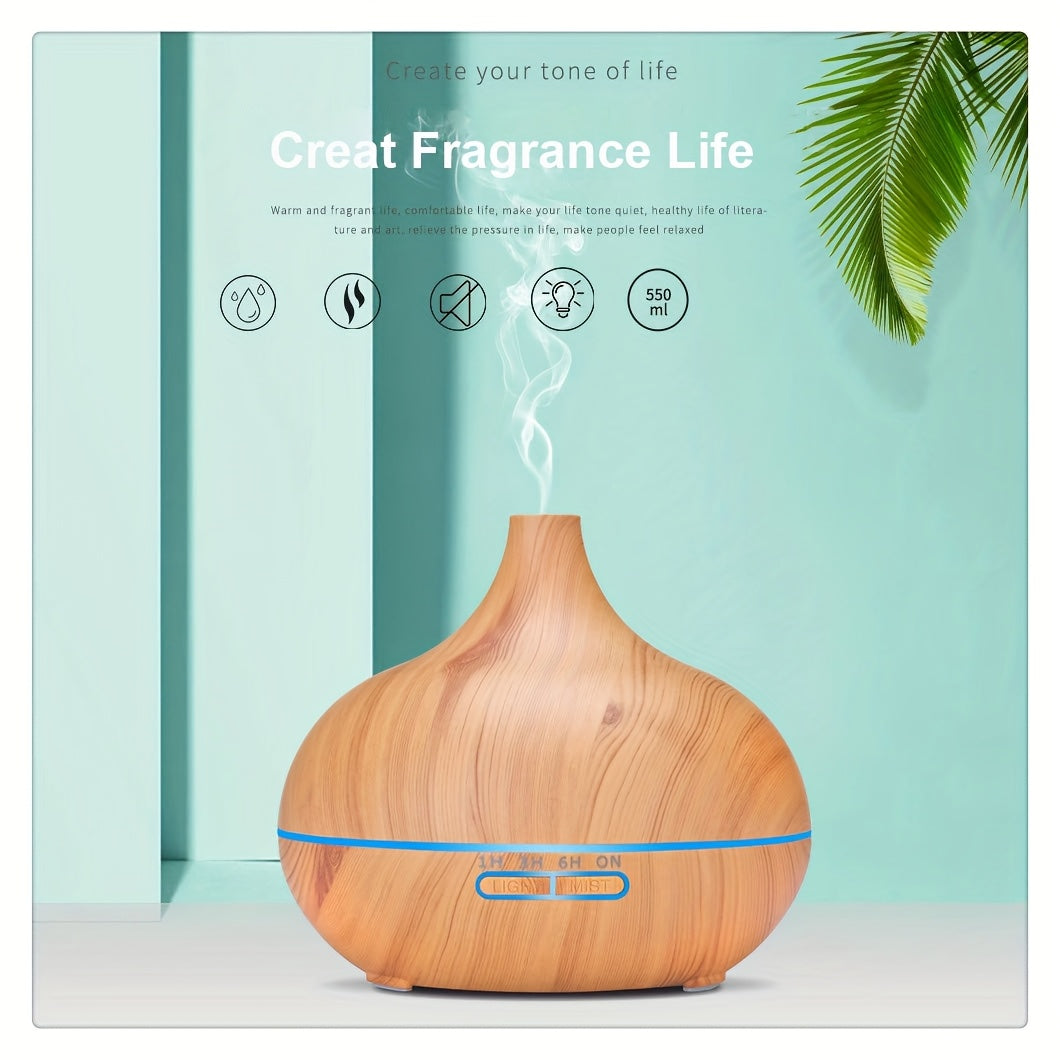 Wood Color Aroma Diffuser with 550ml Water Capacity, 7 Color LED Light, Auto Shut-Off