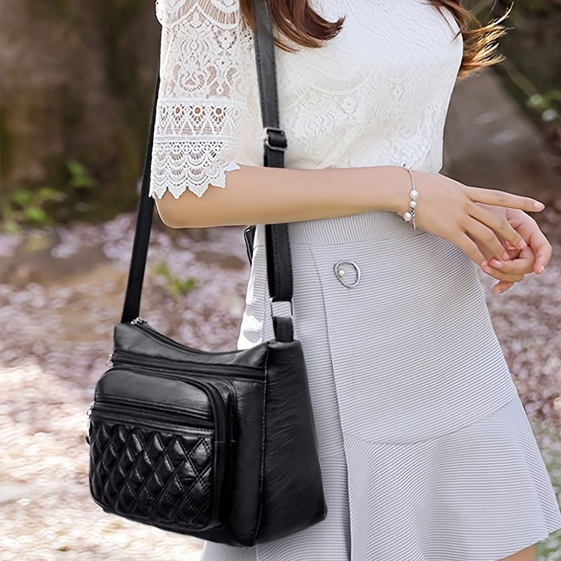 Women's Quilted Multi-Layer Shoulder Bag with Adjustable Strap and Zippered Compartments