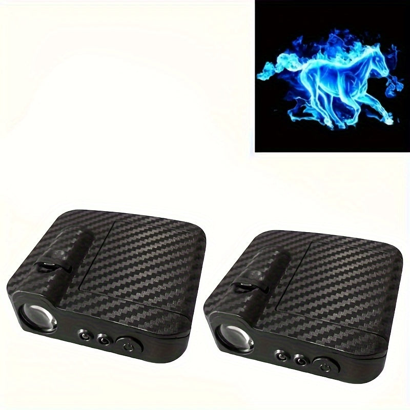 2pcs Wireless LED Car Door Projector Lights 3D Blue Fire Tiger Skull No-Drill Installation